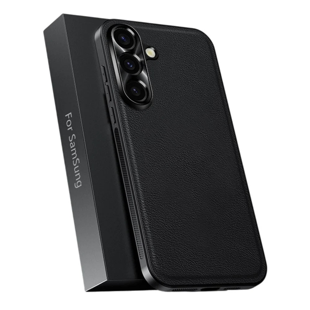 For Samsung Galaxy A36 5G Case PU + TPU + PC Phone Back Cover with Metal Lens Frame - Black - 1