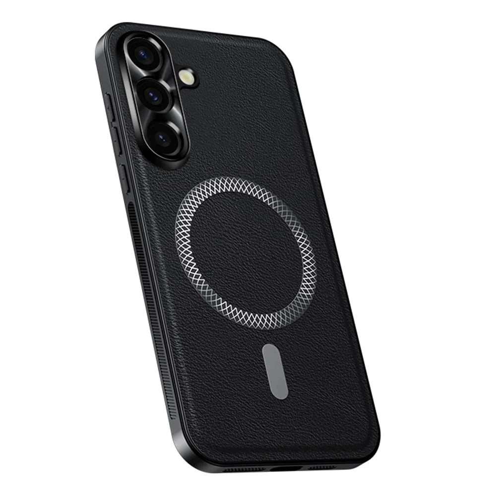 For Samsung Galaxy A36 5G Magnetic Case PU TPU PC Phone Back Cover with Metal Lens Frame - Black - 1
