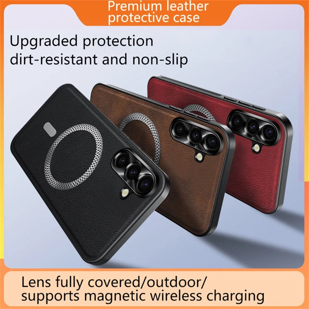 For Samsung Galaxy A36 5G Magnetic Case PU TPU PC Phone Back Cover with Metal Lens Frame - Black - 7