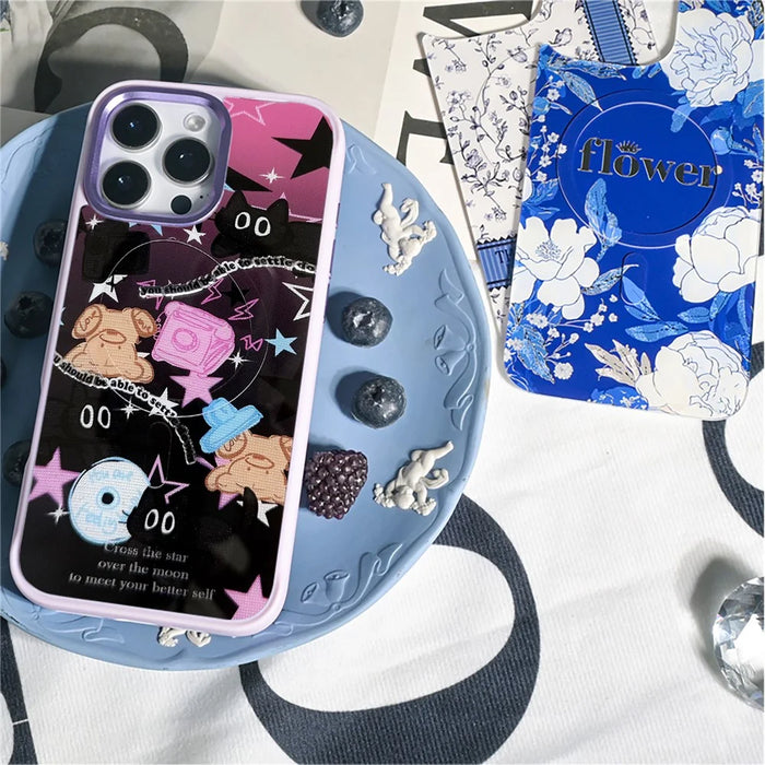For iPhone 16 Pro Max Magnetic Case TPU PC Phone Cover with Detachable Brown Bear Slide Backplate - Pink - 7