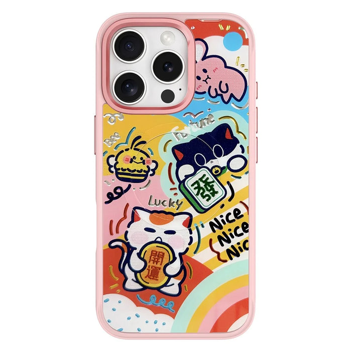 For iPhone 16 Pro Max Magnetic Case TPU PC Phone Cover with Detachable Green Lucky Cat Backplate - Pink - 1