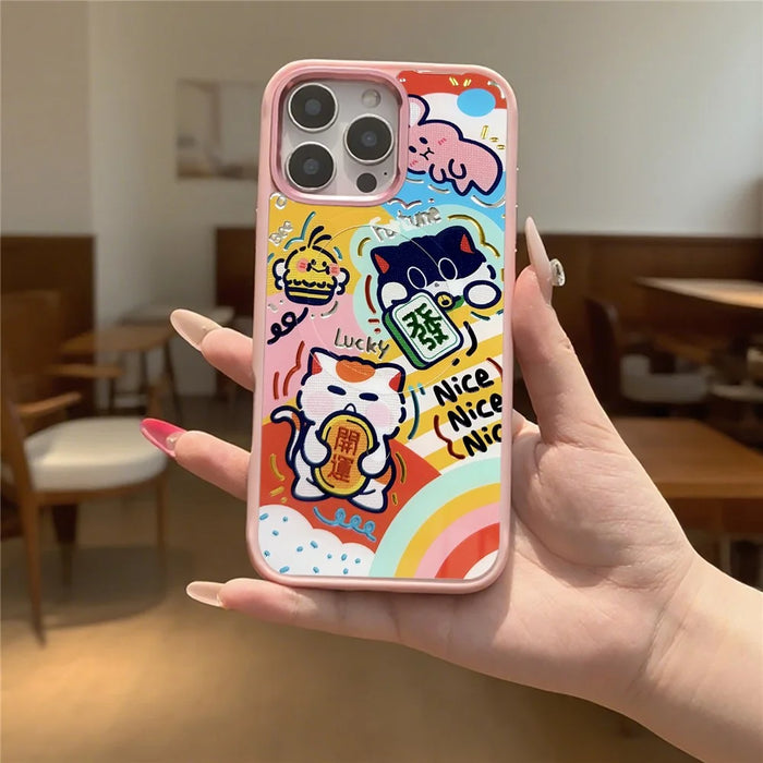 For iPhone 16 Pro Max Magnetic Case TPU PC Phone Cover with Detachable Green Lucky Cat Backplate - Pink - 4