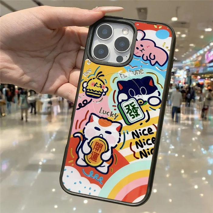 For iPhone 16 Pro Max Magnetic Case TPU PC Phone Cover with Detachable Green Lucky Cat Backplate - Pink - 5