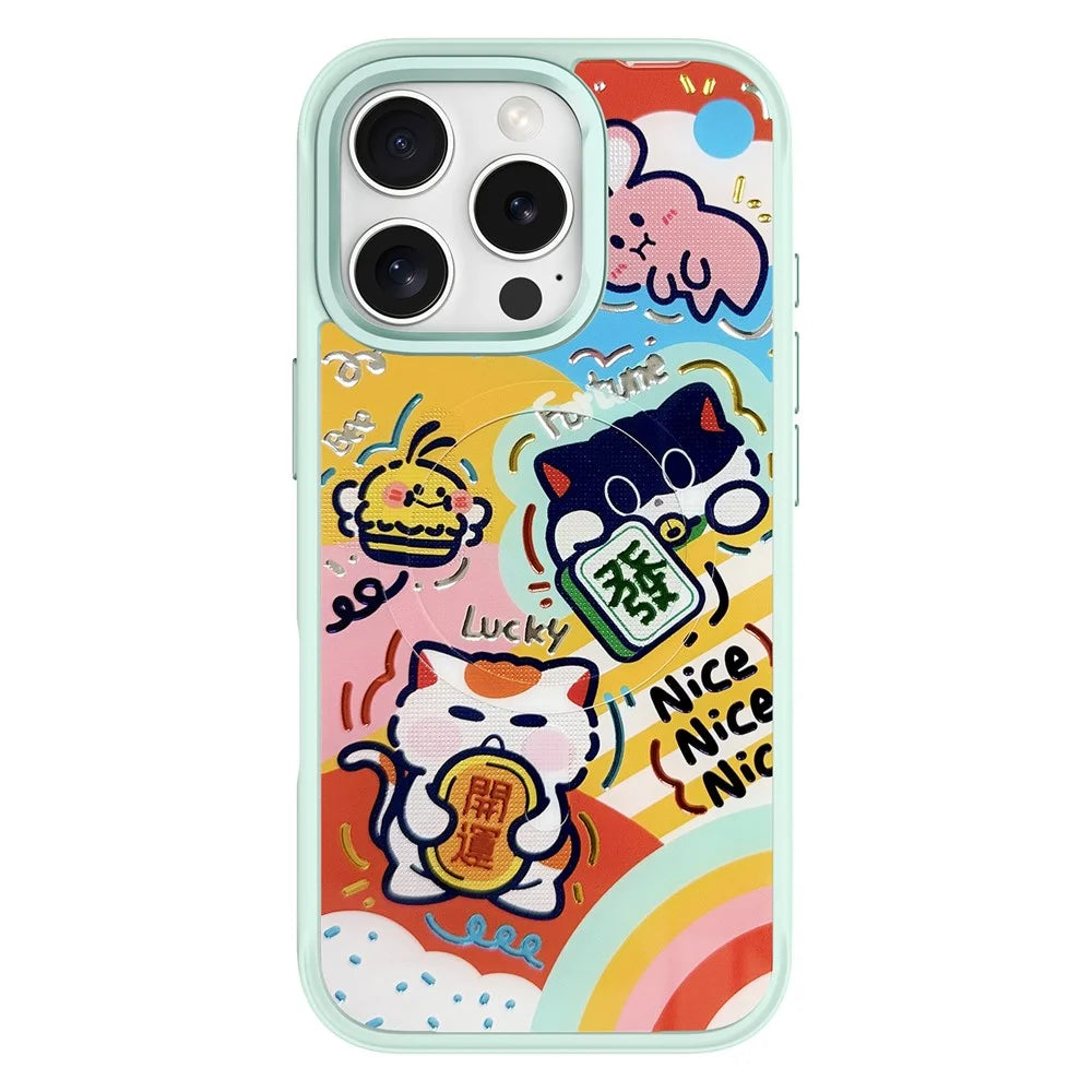 For iPhone 16 Pro Magnetic Case TPU PC Phone Cover with Detachable Green Lucky Cat Backplate - Green - 1