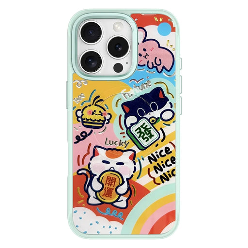 For iPhone 16 Pro Magnetic Case TPU PC Phone Cover with Detachable Green Lucky Cat Backplate - Green - 1