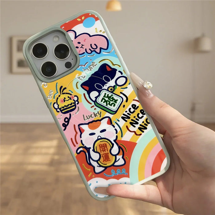 For iPhone 16 Pro Magnetic Case TPU PC Phone Cover with Detachable Green Lucky Cat Backplate - Green - 3