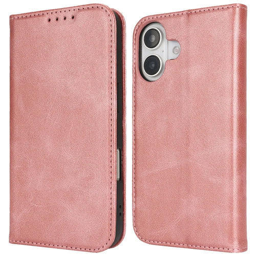 For iPhone 17 Case PU Leather Calf Textured Magnetic Closing Smart Phone Cover - Rose Gold - 1