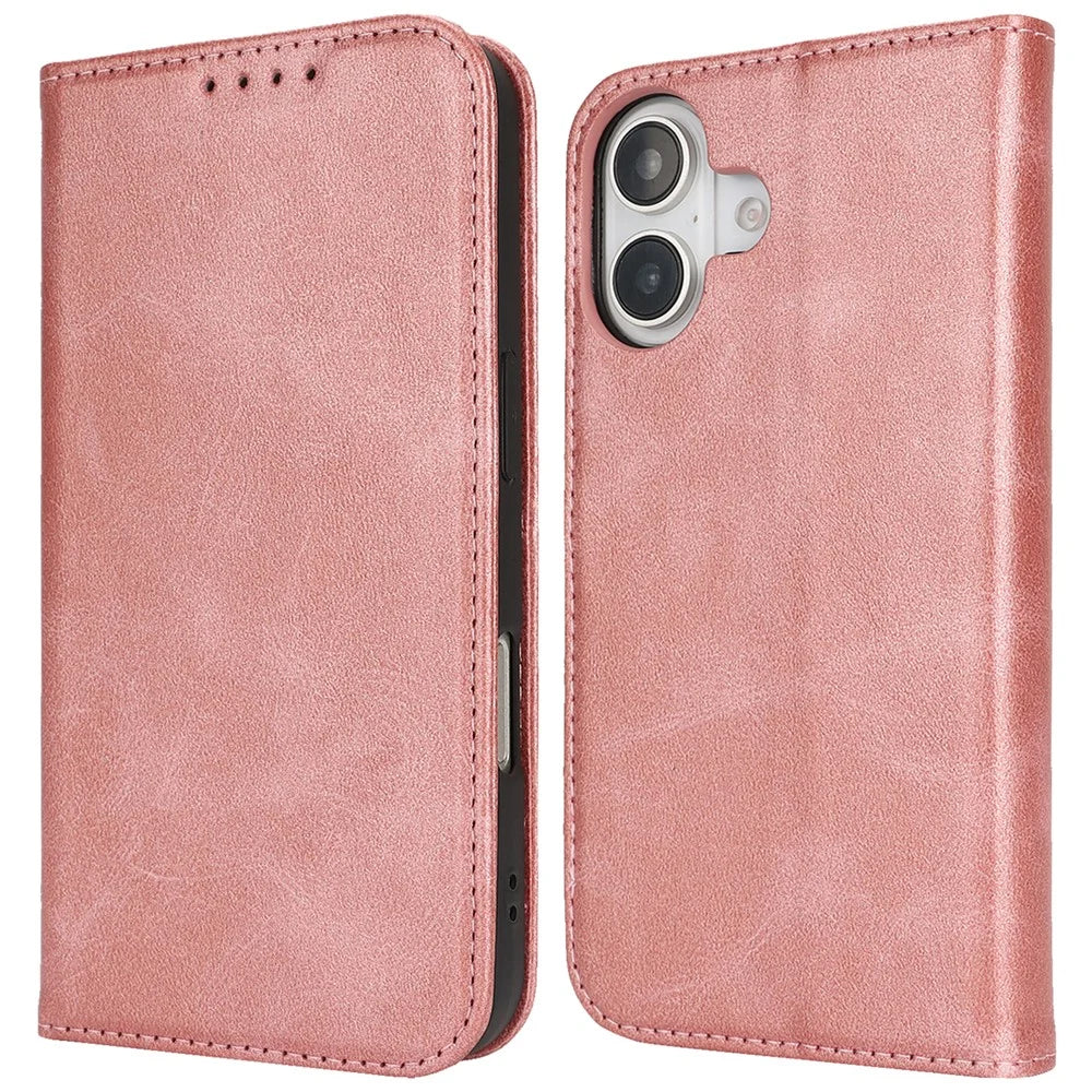 For iPhone 17 Case PU Leather Calf Textured Magnetic Closing Smart Phone Cover - Rose Gold - 1