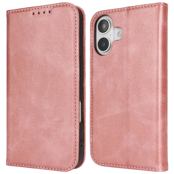 For iPhone 17 Case PU Leather Calf Textured Magnetic Closing Smart Phone Cover - Rose Gold - 1