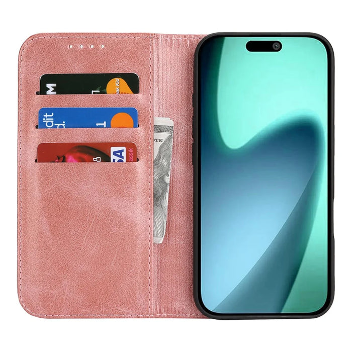 For iPhone 17 Case PU Leather Calf Textured Magnetic Closing Smart Phone Cover - Rose Gold - 2
