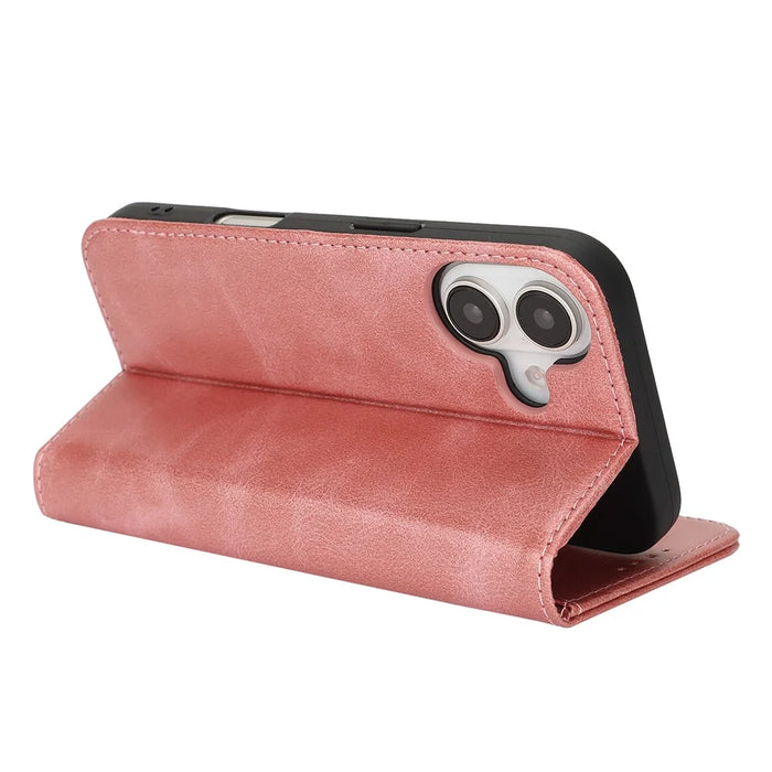 For iPhone 17 Case PU Leather Calf Textured Magnetic Closing Smart Phone Cover - Rose Gold - 3