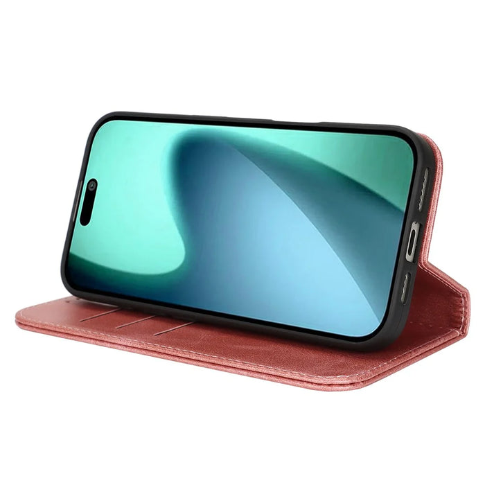 For iPhone 17 Case PU Leather Calf Textured Magnetic Closing Smart Phone Cover - Rose Gold - 4