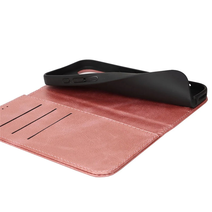 For iPhone 17 Case PU Leather Calf Textured Magnetic Closing Smart Phone Cover - Rose Gold - 5