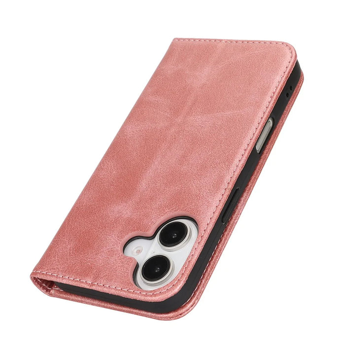 For iPhone 17 Case PU Leather Calf Textured Magnetic Closing Smart Phone Cover - Rose Gold - 6