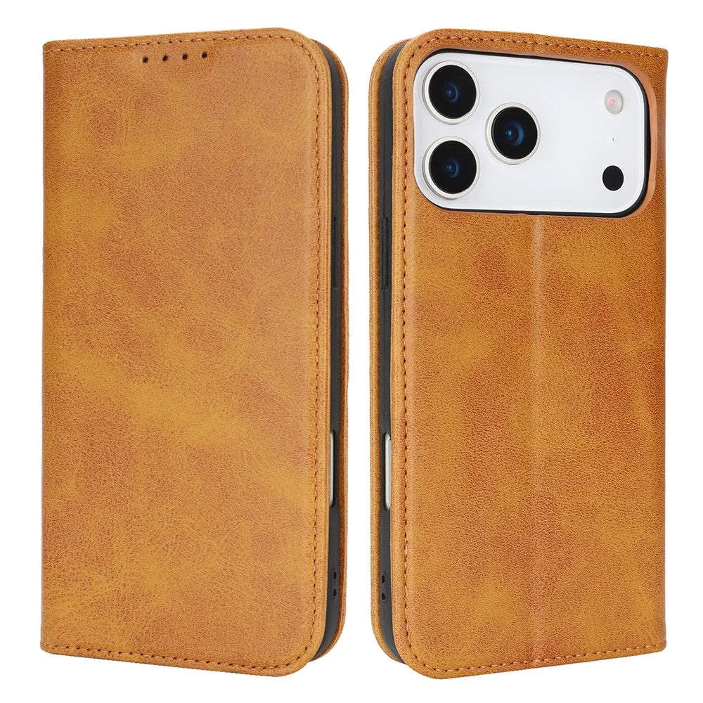 For iPhone 18 Pro / 17 Pro Case PU Leather Calf Textured Magnetic Closing Smart Phone Cover - Light Brown - 1