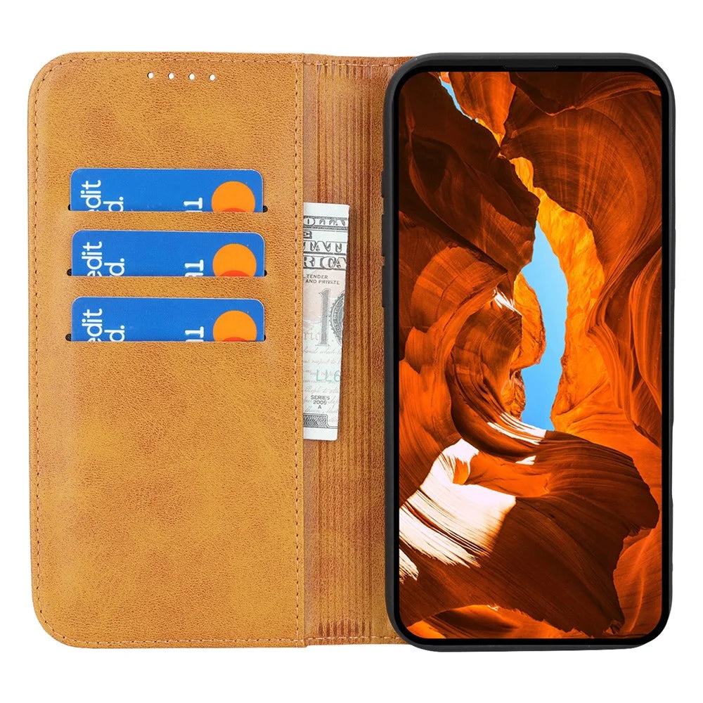 For iPhone 18 Pro / 17 Pro Case PU Leather Calf Textured Magnetic Closing Smart Phone Cover - Light Brown - 2