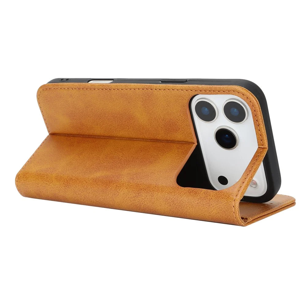 For iPhone 18 Pro / 17 Pro Case PU Leather Calf Textured Magnetic Closing Smart Phone Cover - Light Brown - 3