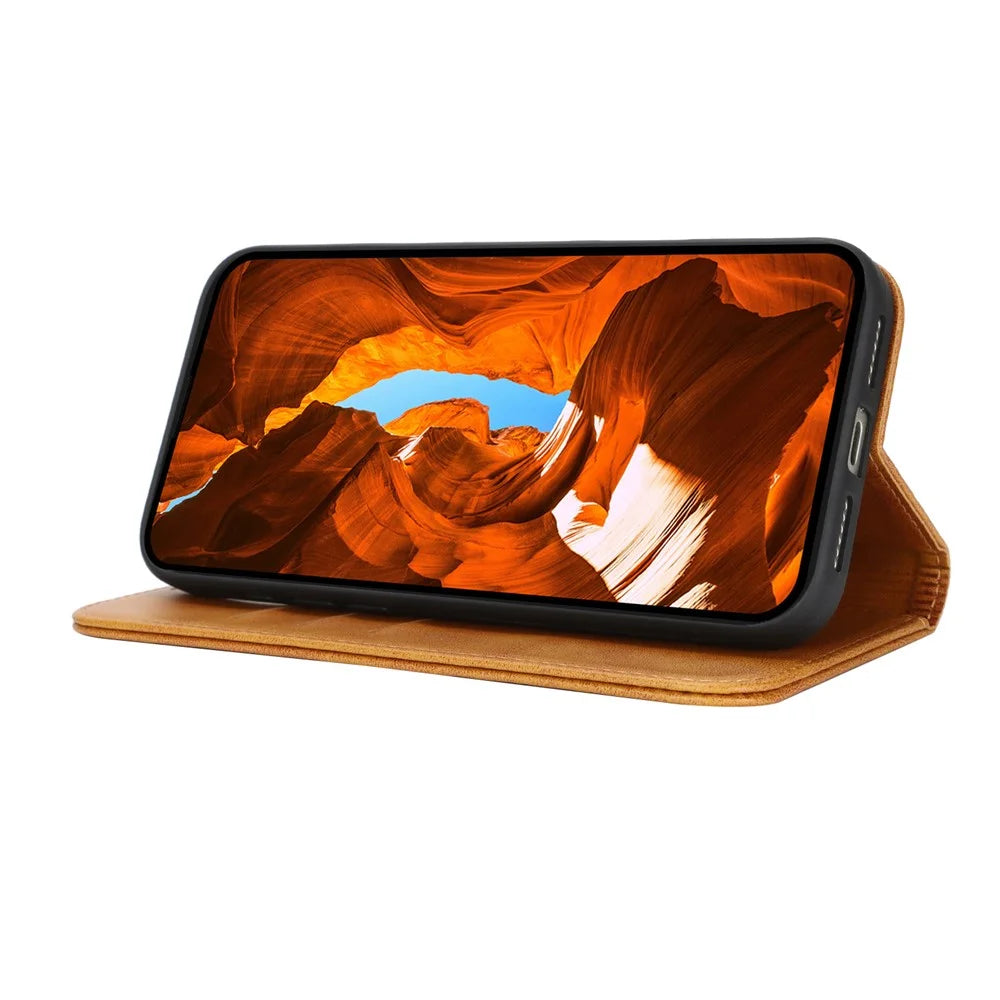 For iPhone 18 Pro / 17 Pro Case PU Leather Calf Textured Magnetic Closing Smart Phone Cover - Light Brown - 4
