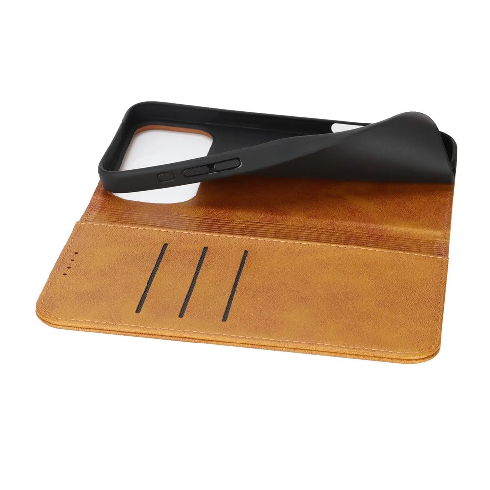 For iPhone 18 Pro / 17 Pro Case PU Leather Calf Textured Magnetic Closing Smart Phone Cover - Light Brown - 5