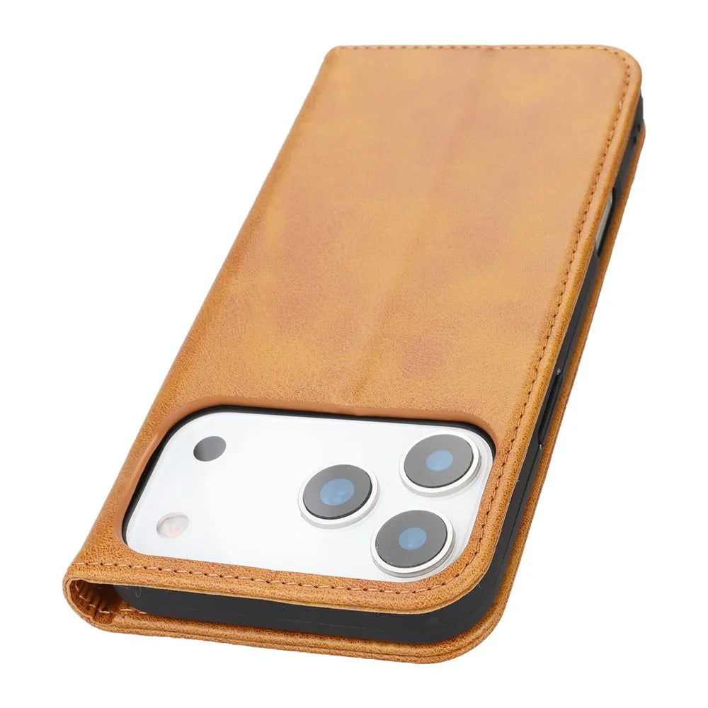 For iPhone 18 Pro / 17 Pro Case PU Leather Calf Textured Magnetic Closing Smart Phone Cover - Light Brown - 6