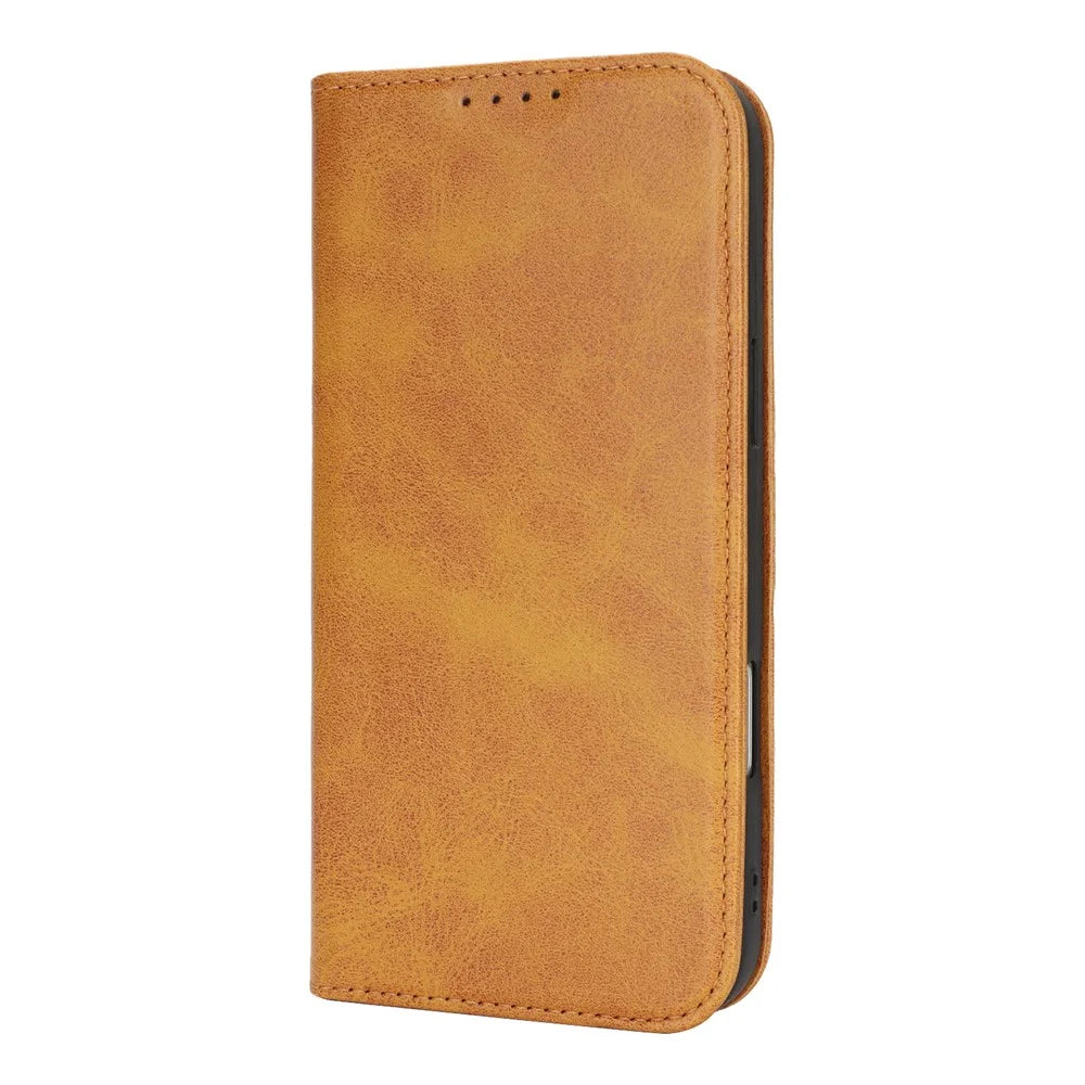 For iPhone 18 Pro / 17 Pro Case PU Leather Calf Textured Magnetic Closing Smart Phone Cover - Light Brown - 7