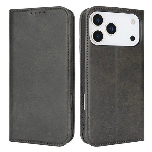 For iPhone 18 Pro Max / 17 Pro Max Case PU Leather Calf Textured Magnetic Closing Smart Phone Cover - Black - 1