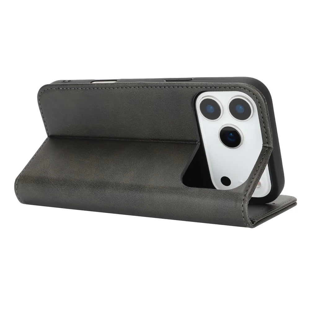 For iPhone 18 Pro Max / 17 Pro Max Case PU Leather Calf Textured Magnetic Closing Smart Phone Cover - Black - 3