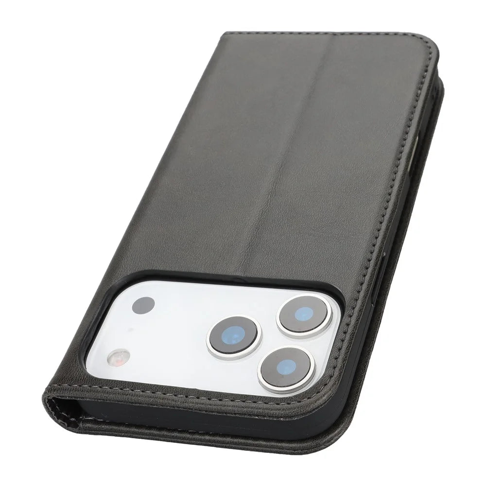 For iPhone 18 Pro Max / 17 Pro Max Case PU Leather Calf Textured Magnetic Closing Smart Phone Cover - Black - 6