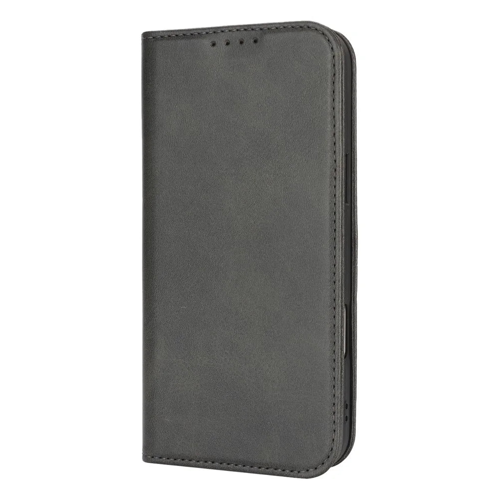 For iPhone 18 Pro Max / 17 Pro Max Case PU Leather Calf Textured Magnetic Closing Smart Phone Cover - Black - 7