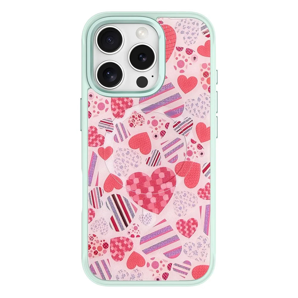 For iPhone 16 Pro Magnetic Case TPU PC Phone Cover with Detachable Love Heart Collection Backplate - Green - 1