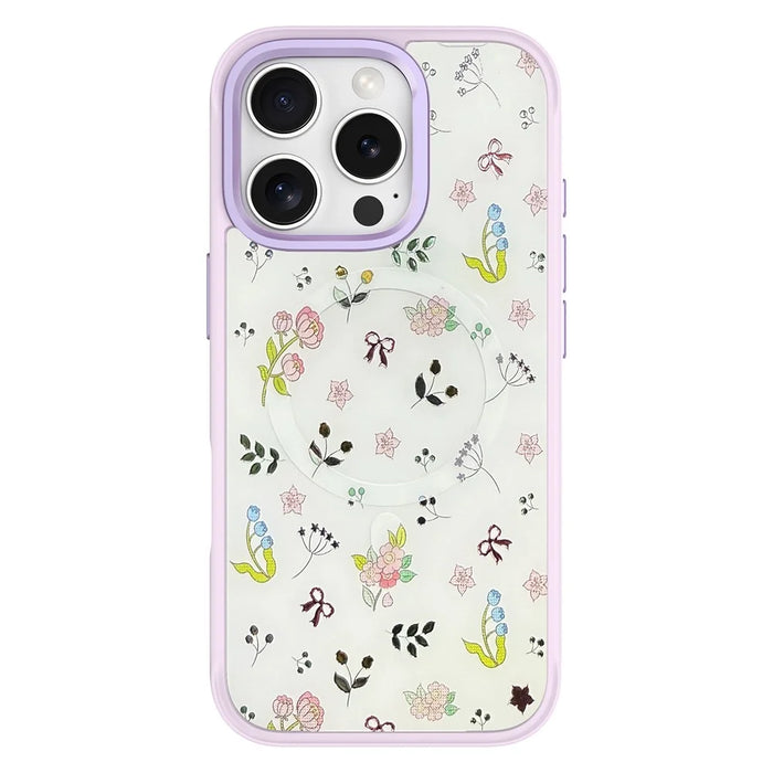 For iPhone 16 Pro Max Magnetic Case TPU PC Phone Cover with Detachable Spring Garden Backplate - Purple - 1