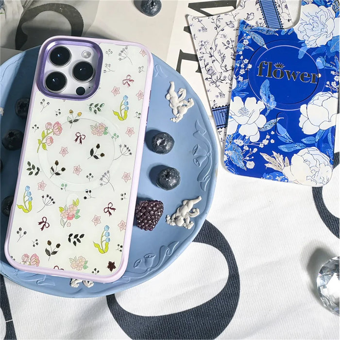 For iPhone 16 Pro Max Magnetic Case TPU PC Phone Cover with Detachable Spring Garden Backplate - Purple - 3