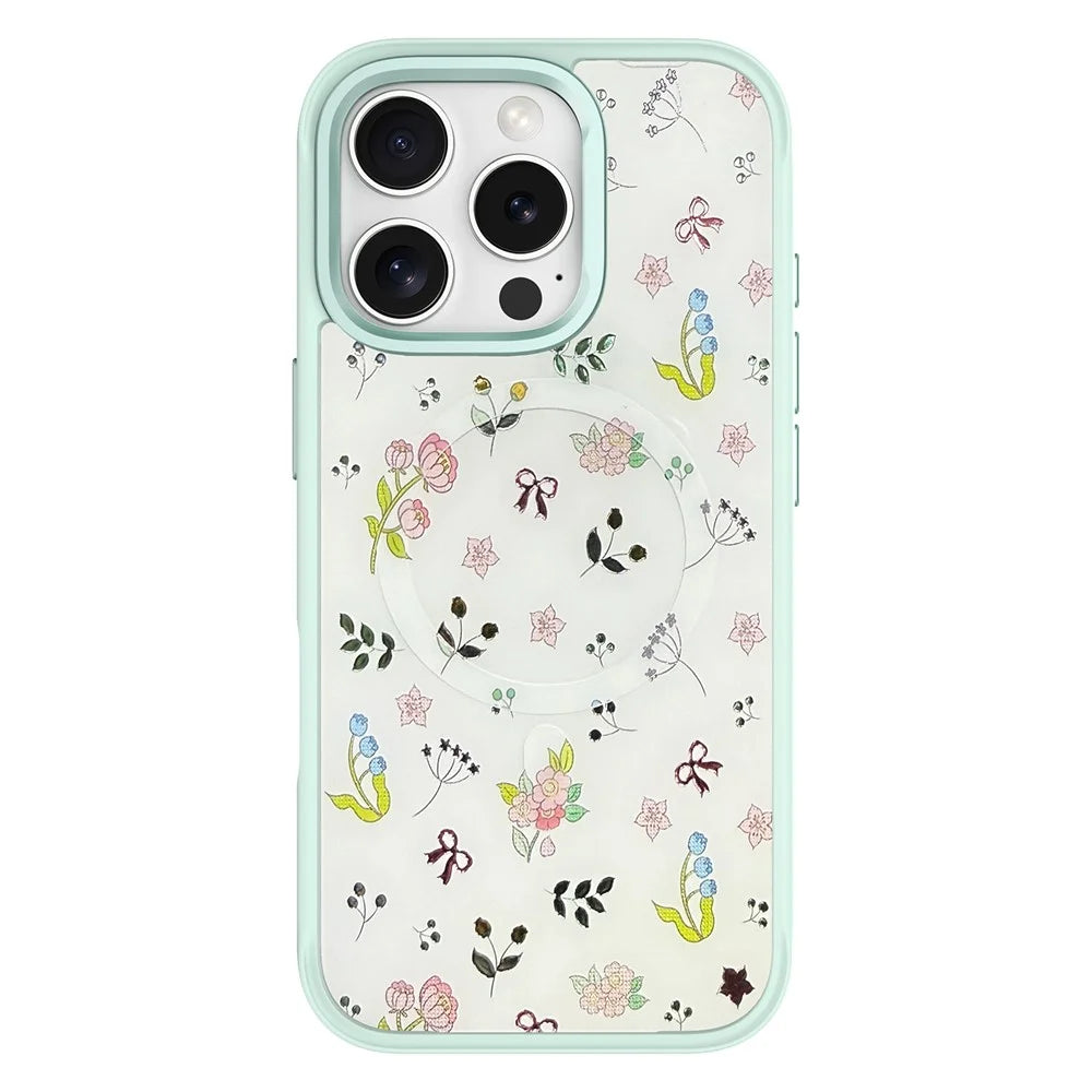 For iPhone 16 Pro Magnetic Case TPU PC Phone Cover with Detachable Spring Garden Backplate - Green - 1