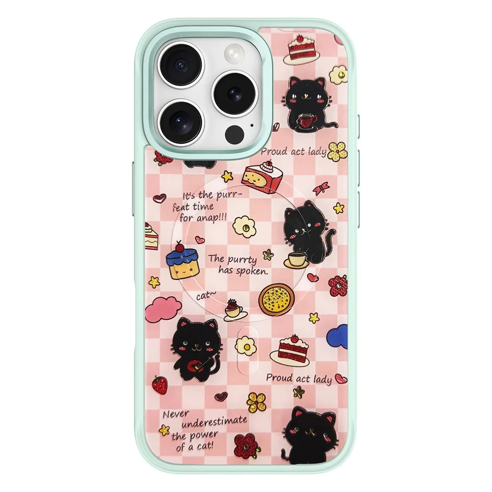 For iPhone 16 Pro Magnetic Case TPU PC Phone Cover with Detachable Happy Black Cat Backplate - Green - 1