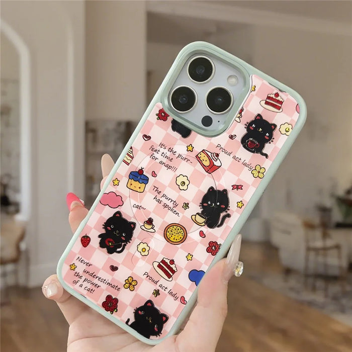 For iPhone 16 Pro Magnetic Case TPU PC Phone Cover with Detachable Happy Black Cat Backplate - Green - 2