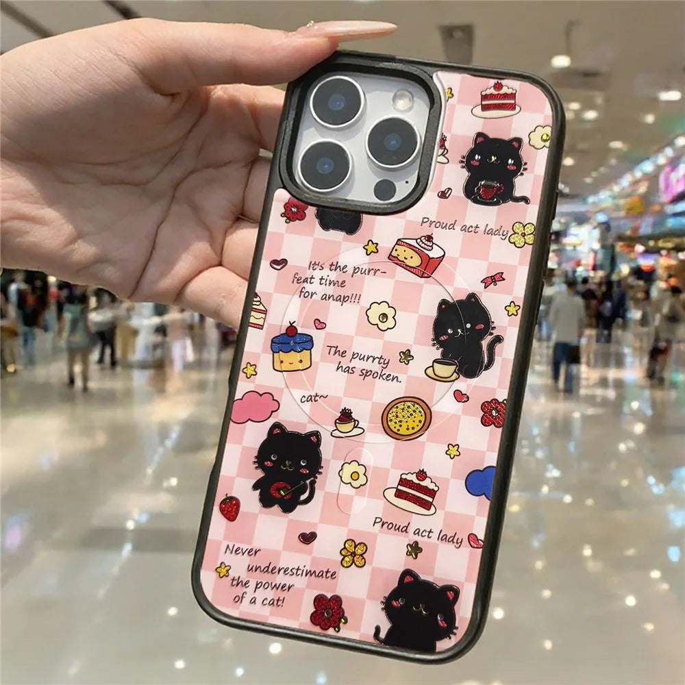 For iPhone 16 Pro Magnetic Case TPU PC Phone Cover with Detachable Happy Black Cat Backplate - Green - 4