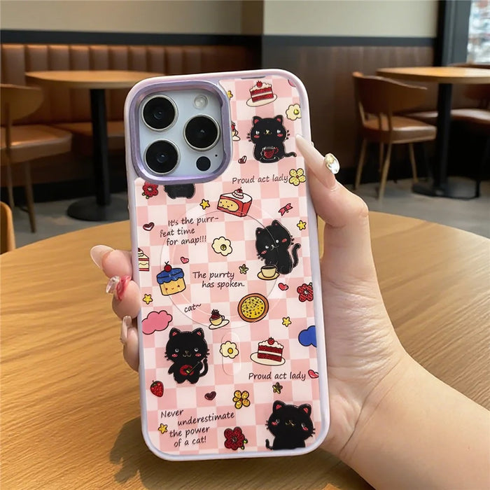 For iPhone 16 Pro Magnetic Case TPU PC Phone Cover with Detachable Happy Black Cat Backplate - Green - 6