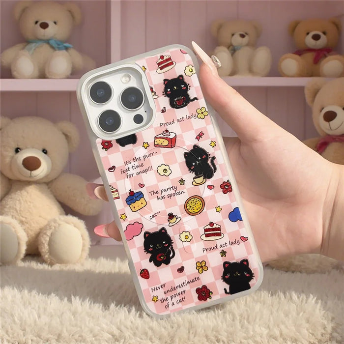 For iPhone 16 Pro Magnetic Case TPU PC Phone Cover with Detachable Happy Black Cat Backplate - Green - 7