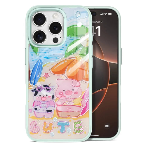 For iPhone 16 Pro Max Magnetic Case TPU PC Phone Cover with Detachable Cute Piggy Backplate - Green - 1