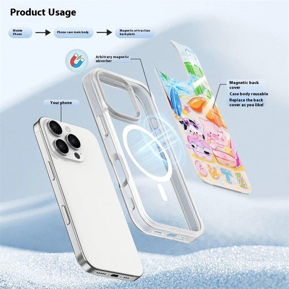 For iPhone 16 Pro Max Magnetic Case TPU PC Phone Cover with Detachable Cute Piggy Backplate - Green - 6