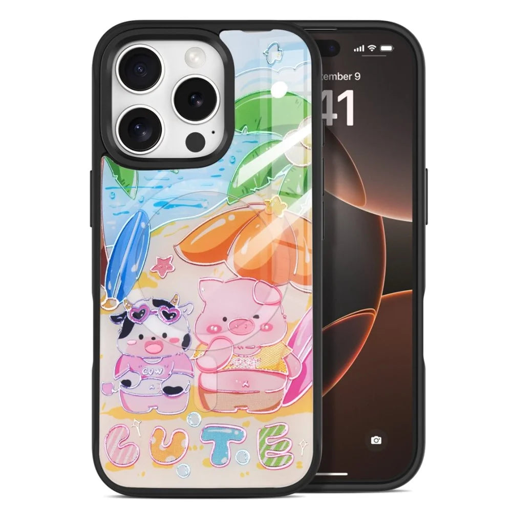 For iPhone 16 Pro Magnetic Case TPU PC Phone Cover with Detachable Cute Piggy Backplate - Black - 1