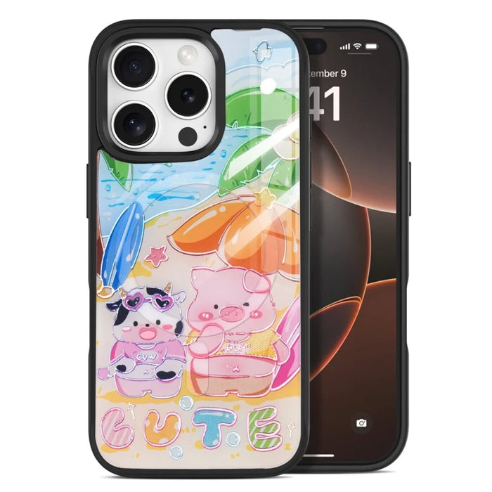 For iPhone 16 Pro Magnetic Case TPU PC Phone Cover with Detachable Cute Piggy Backplate - Black - 1
