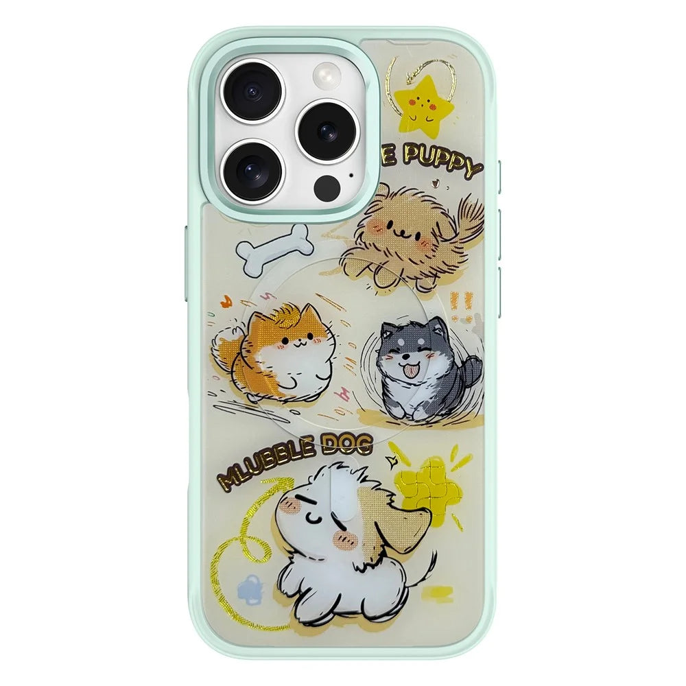 For iPhone 16 Pro Max Magnetic Case TPU PC Phone Cover with Detachable Whirlwind Dog Backplate - Green - 1