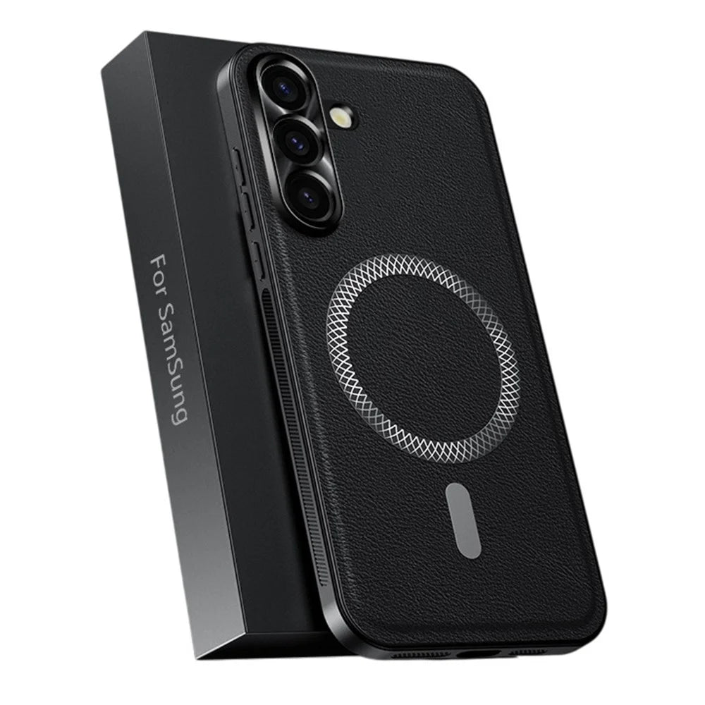 For Samsung Galaxy S25 Case Magnetic Case PU TPU PC Phone Back Cover with Metal Lens Frame - Black - 1
