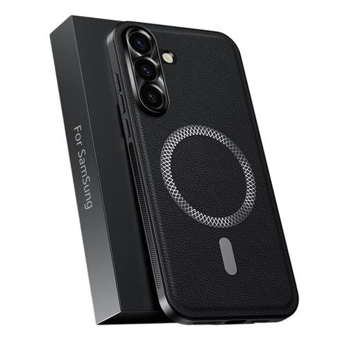 For Samsung Galaxy S25 Case Magnetic Case PU TPU PC Phone Back Cover with Metal Lens Frame - Black - 1