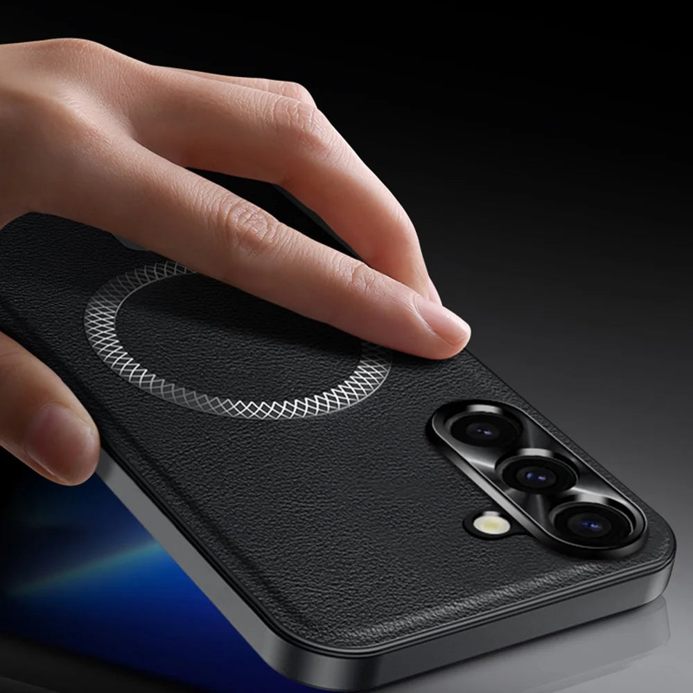 For Samsung Galaxy S25 Case Magnetic Case PU TPU PC Phone Back Cover with Metal Lens Frame - Black - 2
