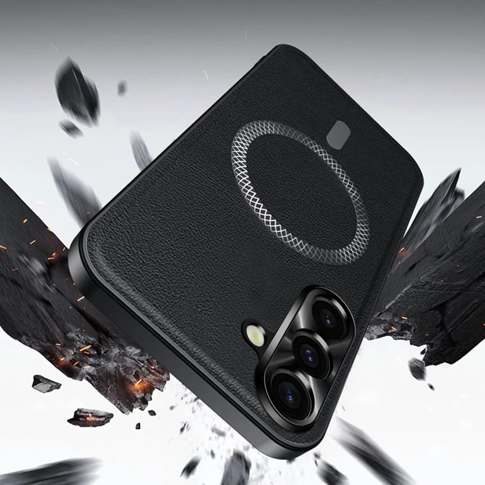 For Samsung Galaxy S25 Case Magnetic Case PU TPU PC Phone Back Cover with Metal Lens Frame - Black - 4