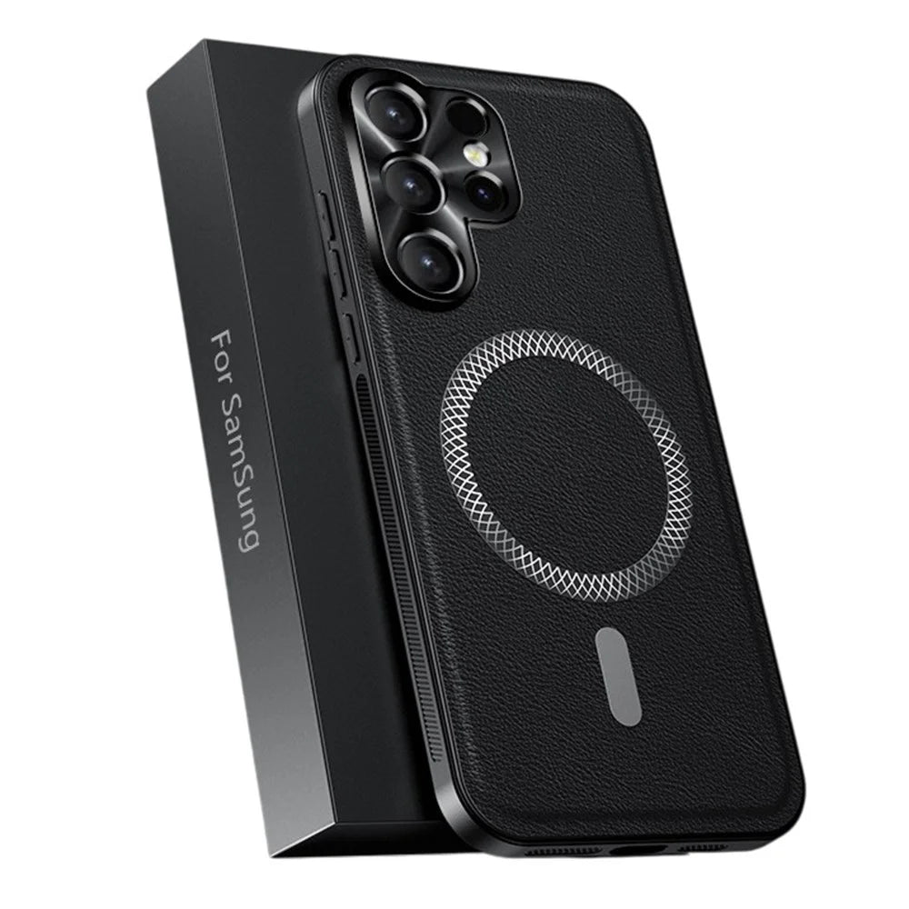 For Samsung Galaxy S25 Ultra Magnetic Case PU TPU PC Phone Back Cover with Metal Lens Frame - Black - 1