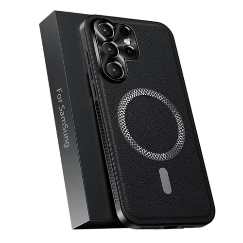 For Samsung Galaxy S25 Ultra Magnetic Case PU TPU PC Phone Back Cover with Metal Lens Frame - Black - 1