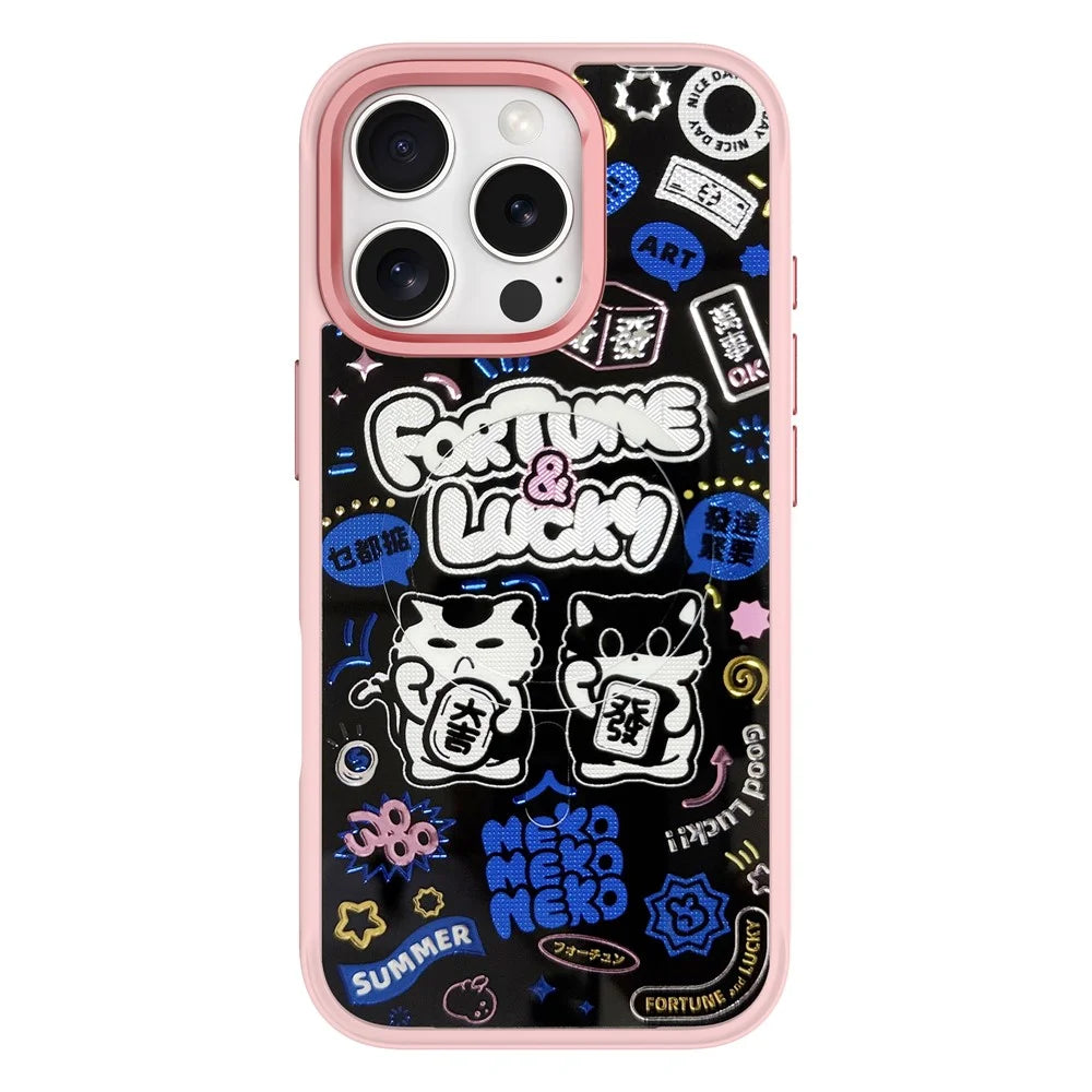 For iPhone 16 Pro Max Magnetic Case TPU PC Phone Cover with Detachable Blue Lucky Cat Backplate - Pink - 1